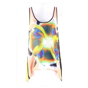 Dream Daily Sz S Peach Yellow Navy Multi Hi Lo Racerback Polyester Top